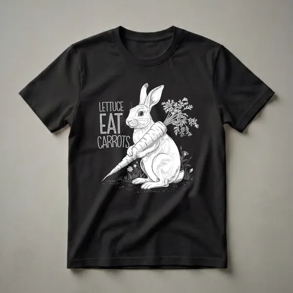 Black graphic t-shirt featuring a white line drawing of a rabbit holding a carrot, with the text 'Lettuce Eat Carrots' in a chalk-style font, surrounded by grass and flowers.