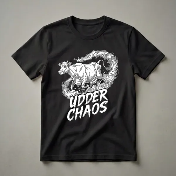 Black and white graphic t-shirt featuring a cow in motion surrounded by swirling chickens and rabbits, with the text 'UDDER CHAOS' in bold lettering.