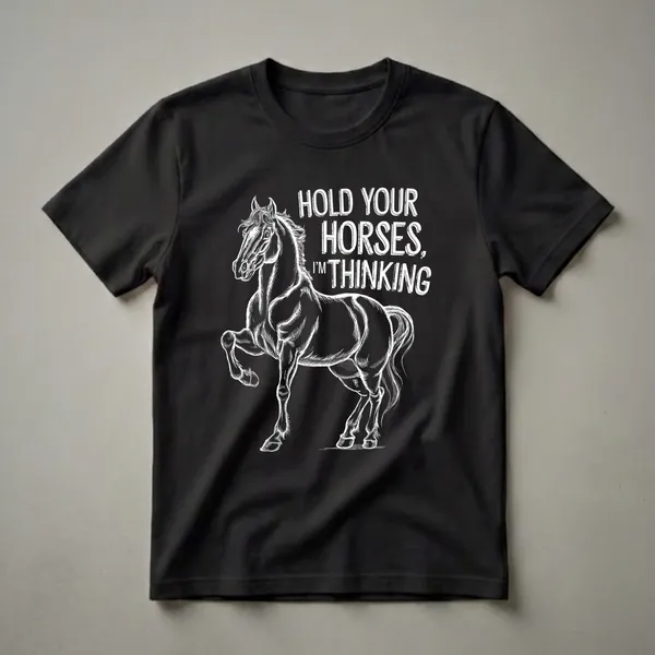 Black t-shirt with a white line art illustration of a horse and the text 'HOLD YOUR HORSES, I'M THINKING'.
