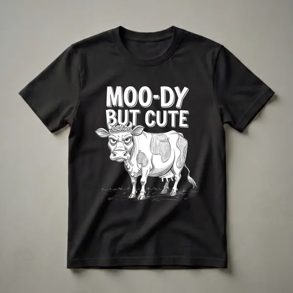Black and white graphic t-shirt featuring a cow with a grumpy expression and a flower crown, with the text 'MOO-DY BUT CUTE' above it.