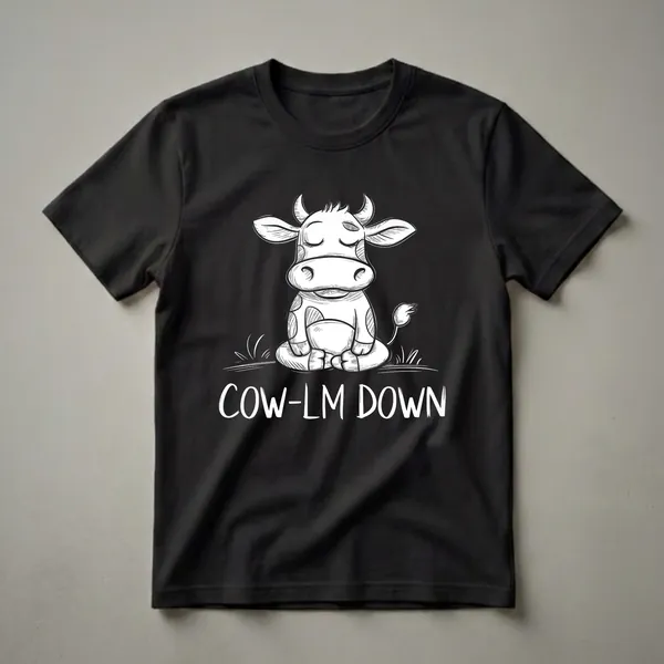 Black graphic t-shirt with a white sketch of a cow meditating in a lotus position, with the text 'COW-LM DOWN' below.