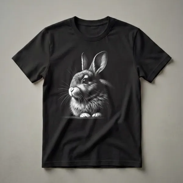 Black and white stippling art t-shirt featuring a detailed illustration of a rabbit's head and paws against a black background.