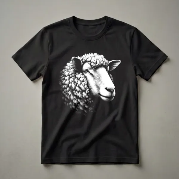 Black and white graphic t-shirt featuring a detailed stippling illustration of a sheep's head against a black background.