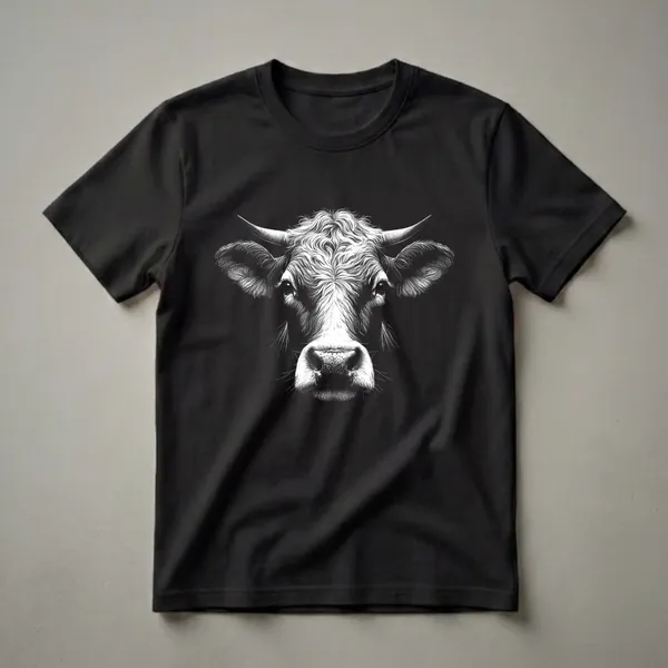 Black and white graphic t-shirt featuring a detailed close-up illustration of a cow's face, including its horns, eyes, and textured nose, against a solid black background.