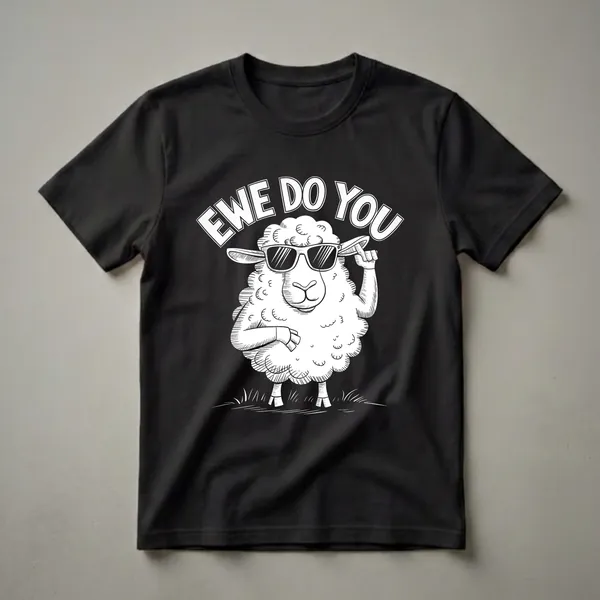 Black and white graphic t-shirt featuring a sheep wearing sunglasses and adjusting them, with the text 'EWE DO YOU' above, on a black background.
