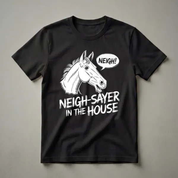 Black t-shirt with a white graphic of a horse's head and the text 'NEIGH-SAYER IN THE HOUSE' and a speech bubble saying 'NEIGH!'.