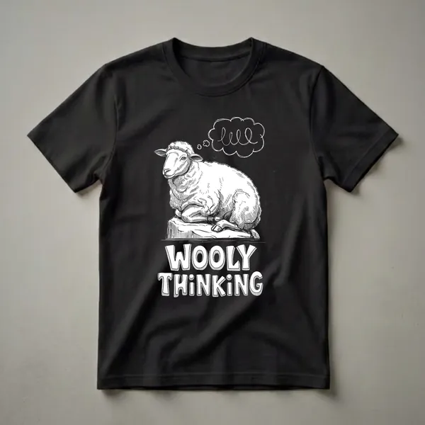 Black and white graphic t-shirt featuring a sheep sitting on a rock with a thought bubble and the text 'WOOLY THINKING'.