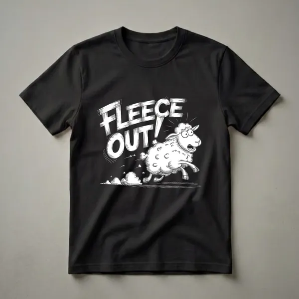 Black t-shirt with a white graphic illustration of a cartoon sheep running with the words 'FLEECE OUT!' above it, conveying humor and movement.