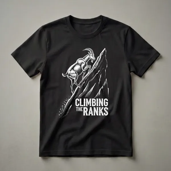 Black t-shirt with a white graphic of a mountain goat climbing a rocky peak, with the text 'CLIMBING THE RANKS' below.