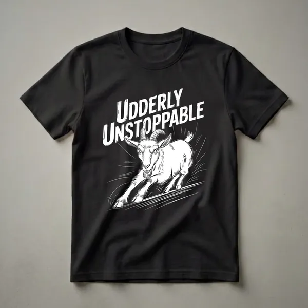 Black t-shirt with a white graphic of a goat running with the words 'UDDERLY UNSTOPPABLE' in bold, distressed white lettering above it, conveying a motivational fitness theme.