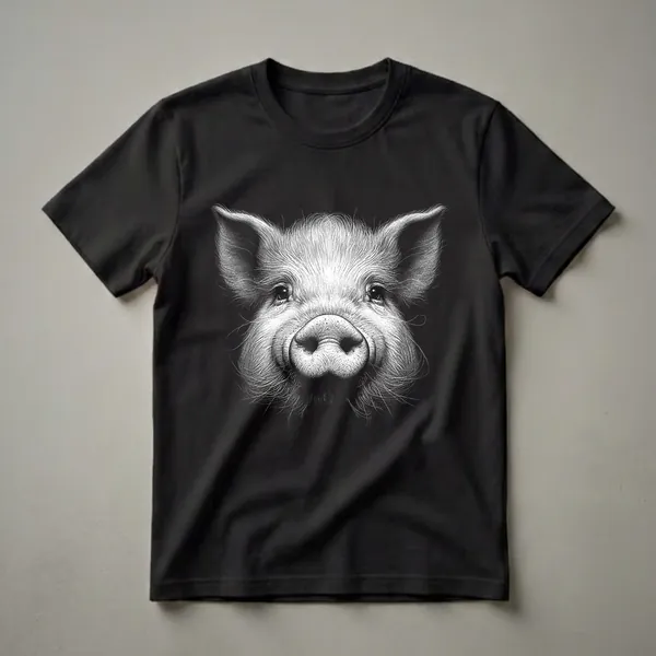 Black and white stipple art t-shirt featuring a detailed illustration of a pig's face with prominent snout, eyes, and textured hair.