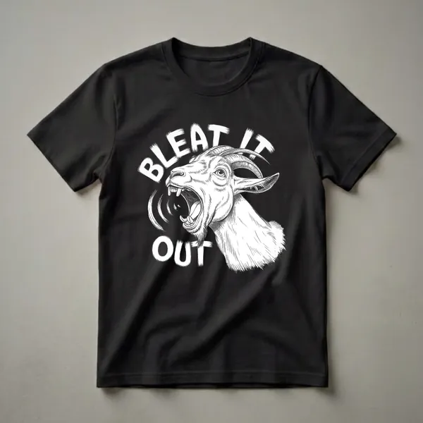 Black graphic t-shirt featuring a detailed sketch of a goat's head with its mouth open in a bleat, with the text 'BLEAT IT OUT' in white brushstroke font.