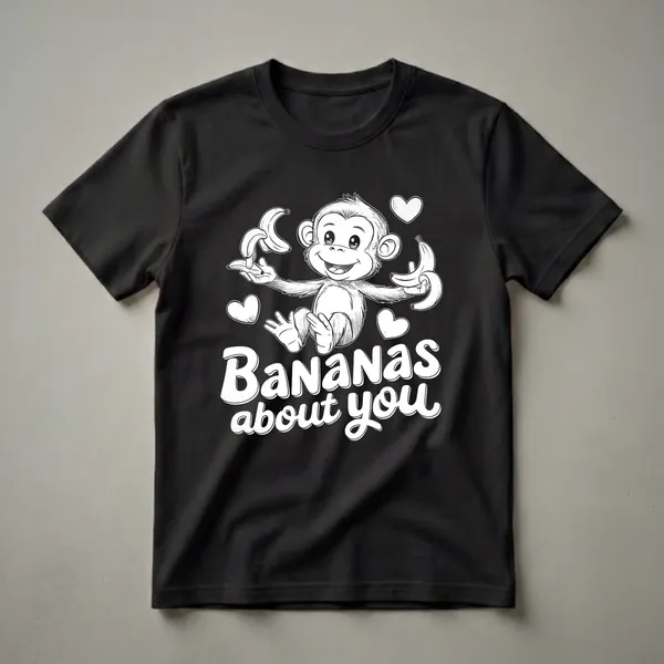 Black graphic t-shirt featuring a cartoon monkey holding bananas, surrounded by hearts, with the text 'Bananas about you' in a playful font.