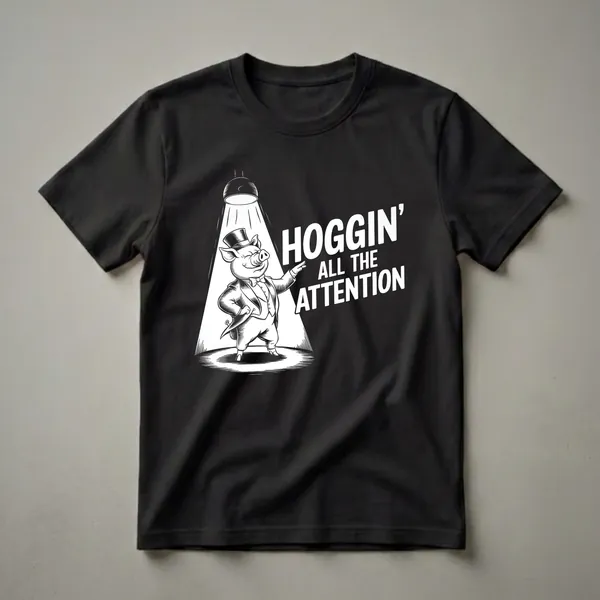 White graphic on a black t-shirt featuring a cartoon pig in a tuxedo and top hat standing in a spotlight with the text 'HOGGIN' ALL THE ATTENTION'.