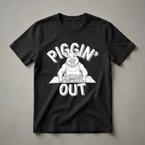 Black t-shirt with a white line-art graphic of a smiling pig wearing an apron, sitting at a table with a large plate of food, with the words 'PIGGIN' OUT' in bold white letters.