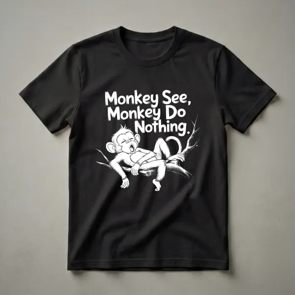 Black t-shirt with white graphic of a lazy monkey yawning on a tree branch, with the text 'Monkey See, Monkey Do Nothing.'