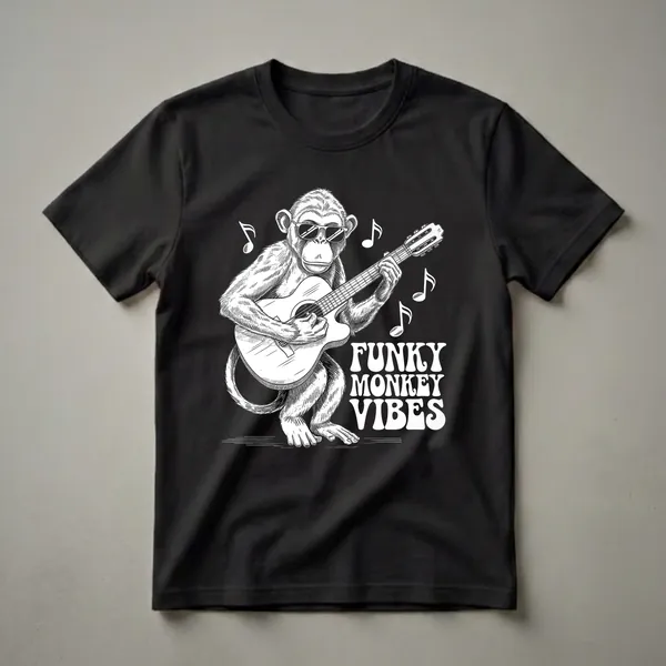Black t-shirt with a white line drawing of a chimpanzee wearing sunglasses and playing an acoustic guitar, with musical notes and the text 'Funky Monkey Vibes'.