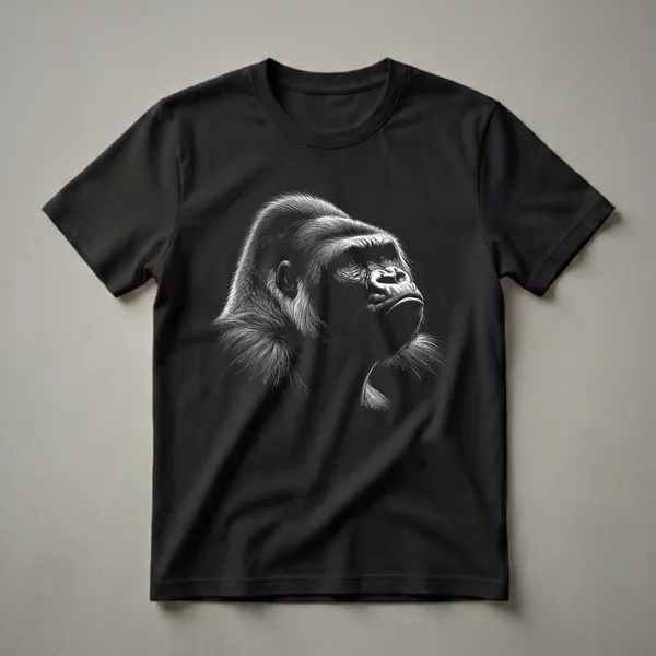 Black t-shirt with a white scratchboard illustration of a chimpanzee's head and shoulders, detailed fur, and expressive eyes.