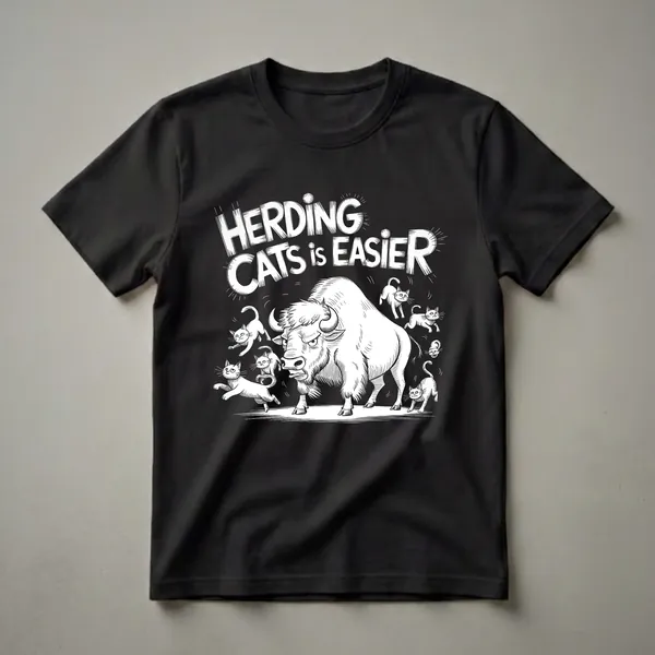 Black t-shirt with a white graphic illustration of a bison looking annoyed while surrounded by several running and jumping cats, with the text 'HERDING CATS IS EASIER' above.