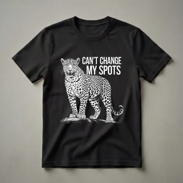 Black and white graphic t-shirt featuring a detailed illustration of a leopard standing on a rock, with the text 'CAN'T CHANGE MY SPOTS' above it.