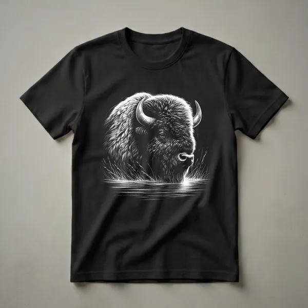 Black and white graphic t-shirt featuring a detailed scratchboard illustration of a bison's head emerging from water and tall grass.