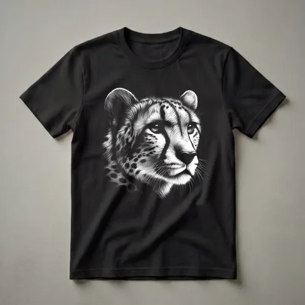 Black and white scratchboard illustration of a cheetah's face, showing detailed fur texture, spots, and expressive eyes, on a black background.