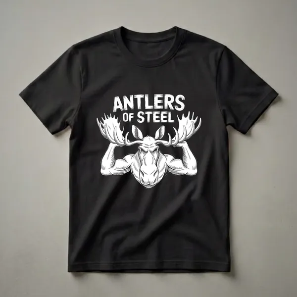 Black t-shirt with a white graphic of a muscular moose flexing its arms, with the text 'ANTLERS OF STEEL' above it, designed for gym humor.