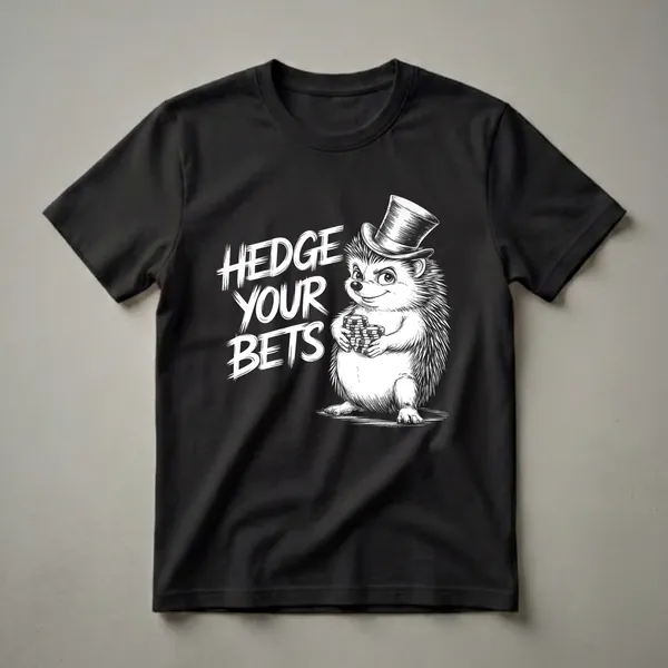 Black and white graphic t-shirt featuring a hedgehog wearing a top hat and holding poker chips, with the text 'HEDGE YOUR BETS' in a distressed white font.