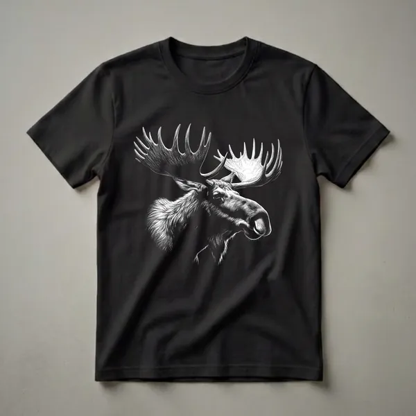 Black t-shirt with a white scratchboard art illustration of a bull moose's head and large antlers, shown in profile against a black background.