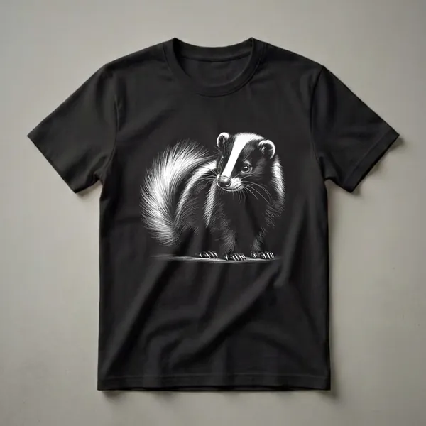 Black and white scratchboard art t-shirt featuring a skunk with a prominent white stripe and bushy tail, sitting with claws visible.