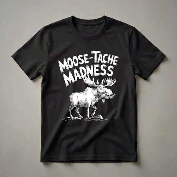 Black and white graphic t-shirt featuring a moose with a large mustache and the text 'MOOSE-TACHE MADNESS' above it, on a black background.