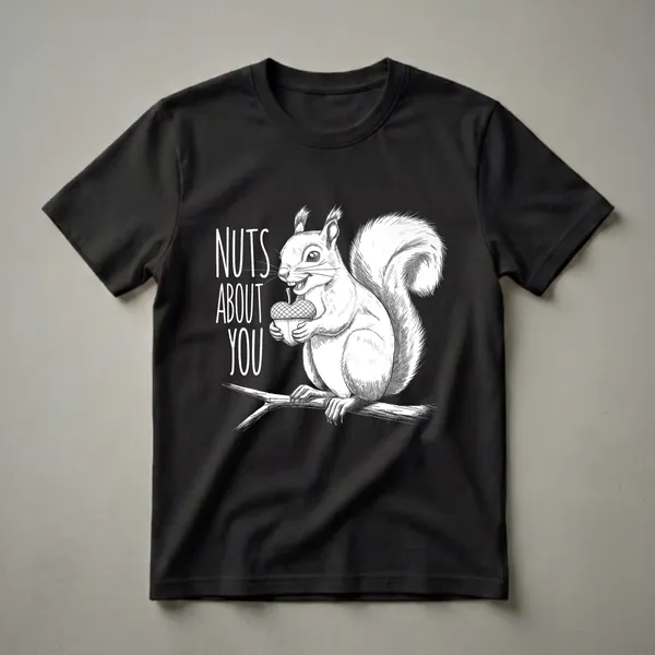 Black and white graphic t-shirt featuring a squirrel holding an acorn with the text "Nuts About You" in a playful font.