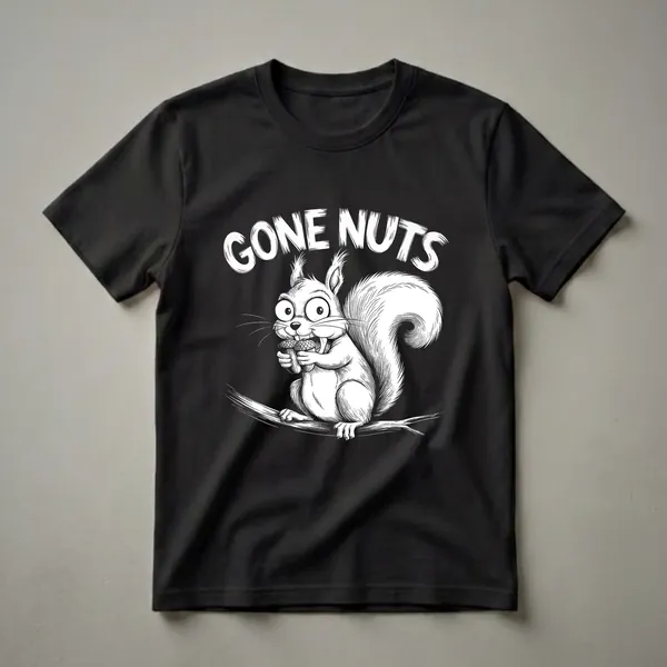 Black graphic t-shirt featuring a white line-art illustration of a cartoon squirrel with wide eyes holding acorns, sitting on a branch, with the words 'GONE NUTS' above it.