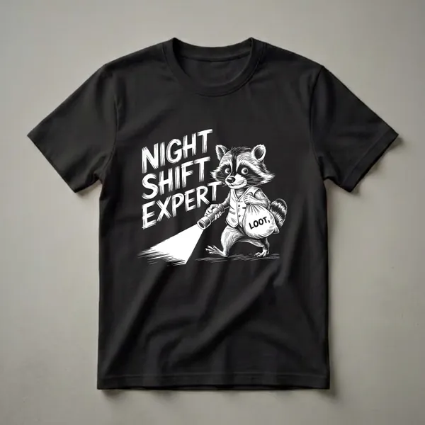 Black graphic t-shirt featuring a white illustration of a raccoon wearing a vest, holding a flashlight and a bag labeled 'LOOT,' with the text 'NIGHT SHIFT EXPERT' above.