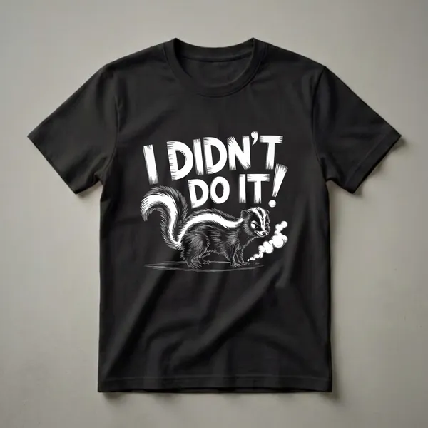 Black graphic t-shirt with white text 'I DIDN'T DO IT!' above a skunk with smoke coming from its rear.