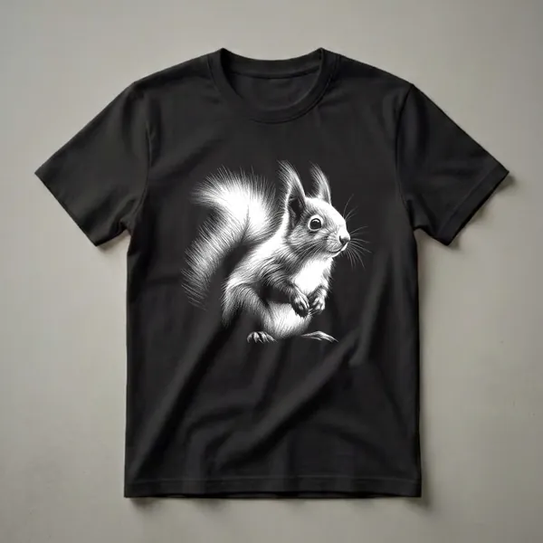 Black and white stippling art t-shirt featuring a detailed illustration of a squirrel with a bushy tail and alert expression, set against a black background.