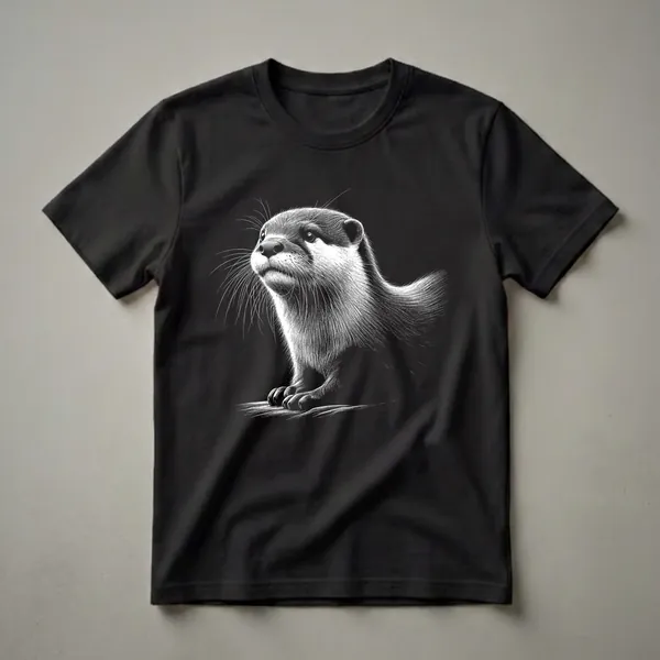 Black t-shirt with a white scratchboard illustration of an otter's head and front paws, looking to the left with detailed whiskers and fur texture.