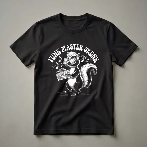 Black t-shirt with a white graphic of a skunk wearing sunglasses and holding a boombox, with musical notes around it, text reads "Funk Master Skunk".