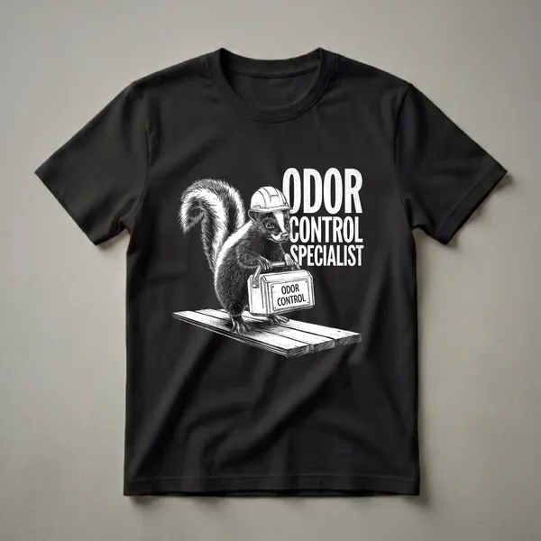 Black and white graphic t-shirt featuring a skunk wearing a hard hat and holding an 'Odor Control' toolbox, with 'ODOR CONTROL SPECIALIST' text.