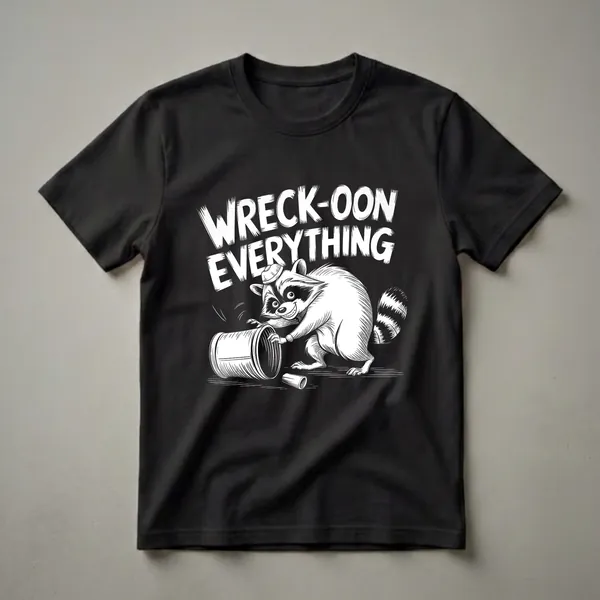 Black t-shirt with a white graphic of a raccoon wearing a hat, tipping over a trash can, with the text 'WRECK-OON EVERYTHING' in a distressed font.