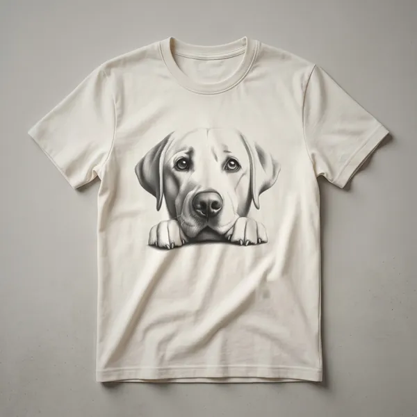 White t-shirt with a graphic of a Labrador Retriever's head surrounded by colorful flowers and leaves.