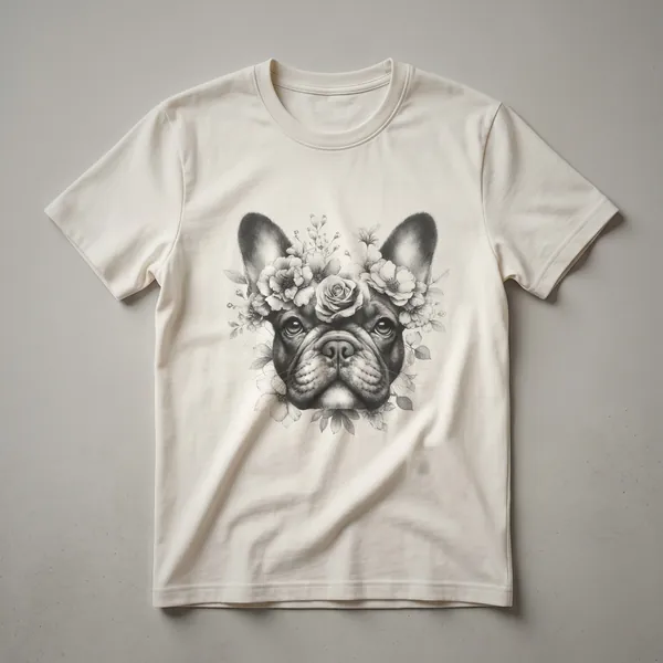 White t-shirt with a graphic of a French Bulldog's head surrounded by colorful flowers, designed for men and women.