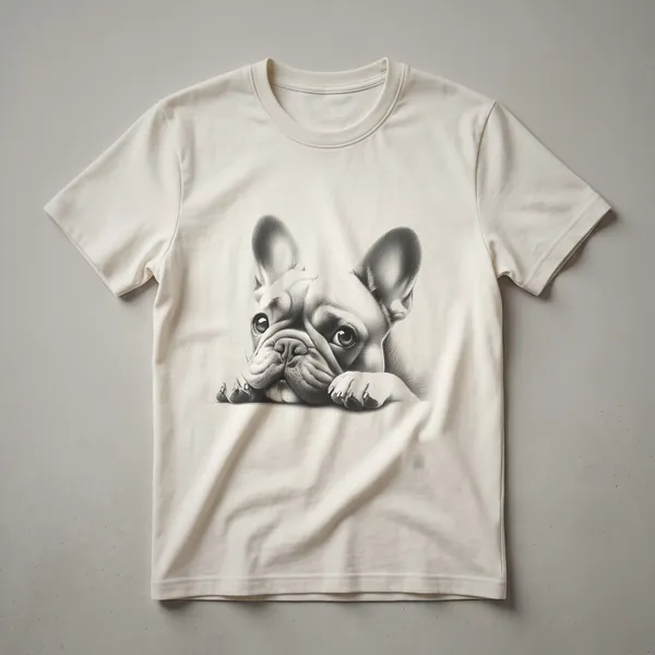Black t-shirt with a distressed graphic of a French Bulldog's head peeking from the bottom edge.