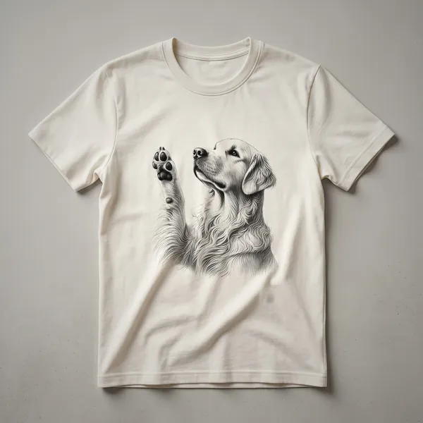 White graphic of a Golden Retriever's paw raised in a playful gesture on a black t-shirt.