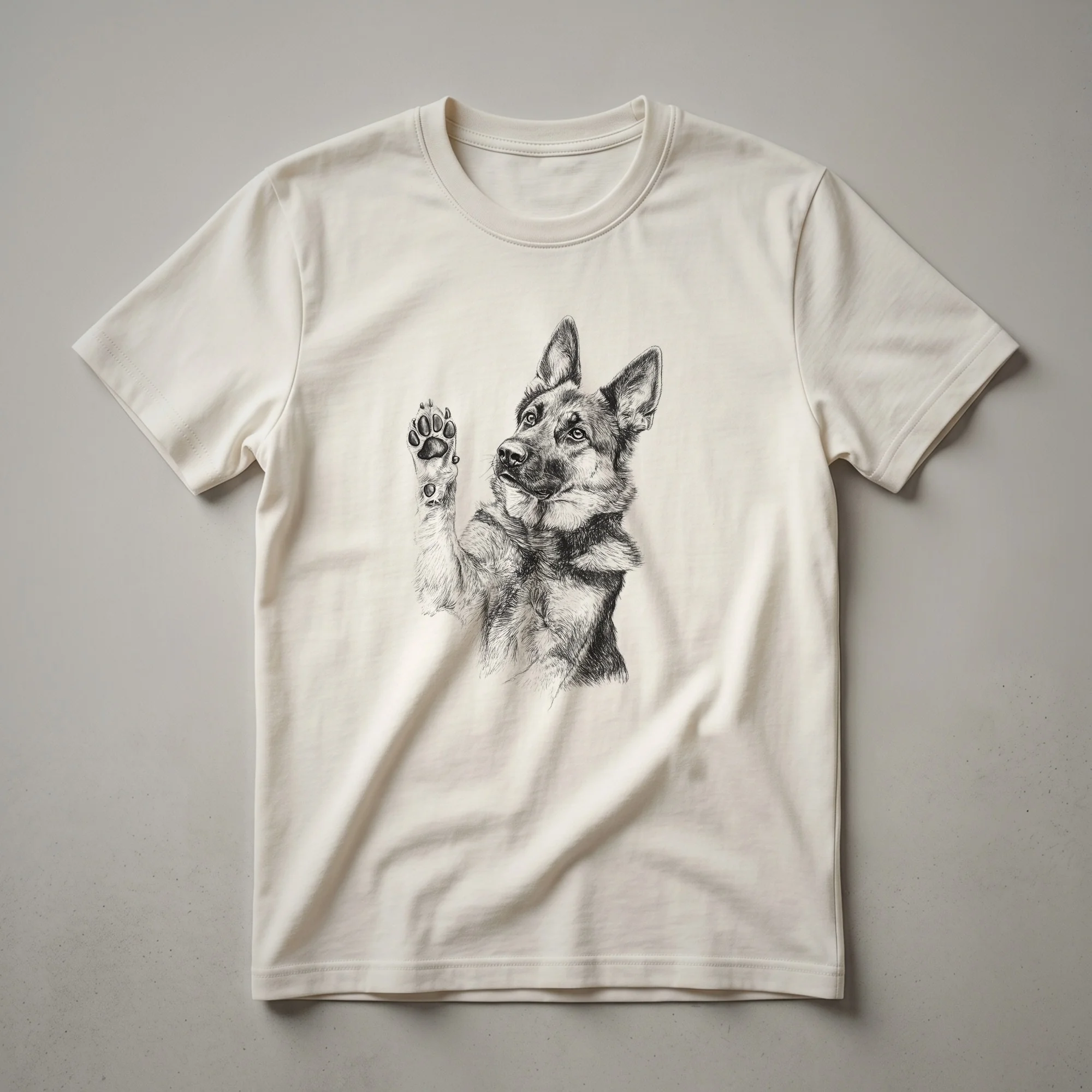 A graphic t-shirt featuring a German Shepherd dog raising its front paw, presented in a clean illustrative style.