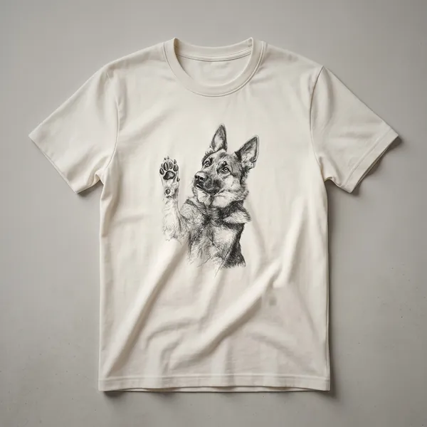 A graphic t-shirt featuring a German Shepherd dog raising its front paw, presented in a clean illustrative style.