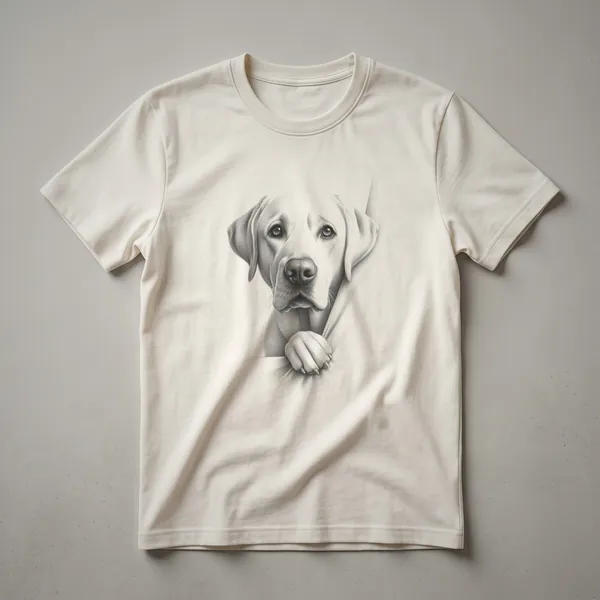 Black t-shirt with a graphic of a black Labrador Retriever's head peeking from the bottom edge.