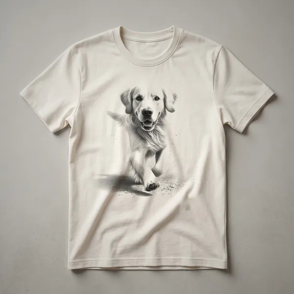 White graphic t-shirt featuring a distressed illustration of a Golden Retriever running, with the text 'Running' visible.