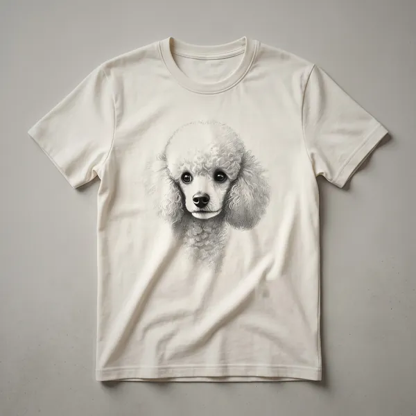 White graphic t-shirt featuring a white poodle peeking from the bottom edge of the design.