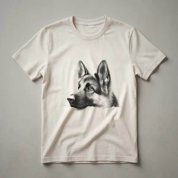 White t-shirt with a graphic of a German Shepherd's head peeking from behind colorful floral elements, designed for dog moms.